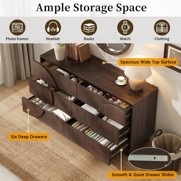 English Elm Modern Fluted 6 Drawer Dresser with Solid Wood Legs Japandi Chest for Bedroom Dark Brown N739S0000015D