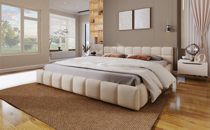 English Elm Christopher Knight Home® - Elegant Chenille Upholstered Bed With Checkerboard Headboard – Queen Size, Soft Beige, Modern Comfort N769P264803Q