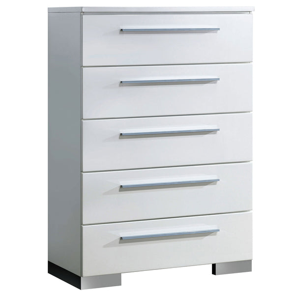 English Elm Contemporary Chic Five-Drawer Chest with Chrome Legs, High-Gloss Coating, Smooth Modern Design Glossy White 38 L x 21 W x 55 H B2741P367727