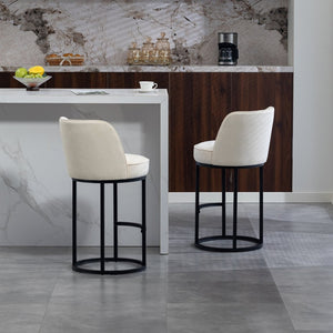English Elm Counter Height Barstools Set of 2 Linen Upholstered Barrel Seat with Iron Legs Beige W395P410430