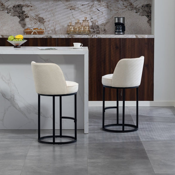 English Elm Counter Height Barstools Set of 2 Linen Upholstered Barrel Seat with Iron Legs Beige W395P410430