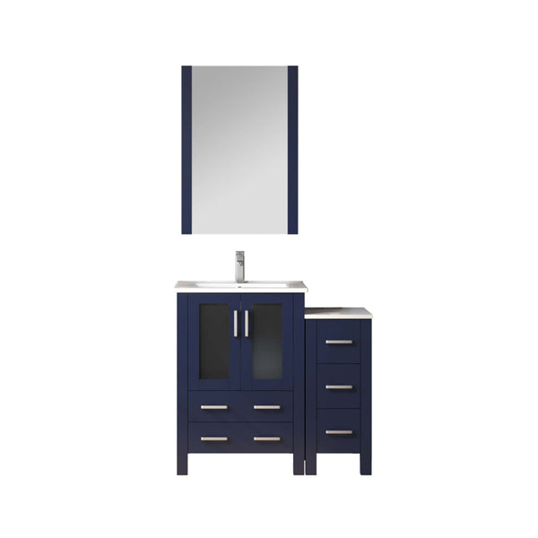 English Elm Navy Blue Bath Vanity Set With Side Cabinet, White Ceramic Top, Mirror & Chrome Faucet For Modern Spaces B2731S01362