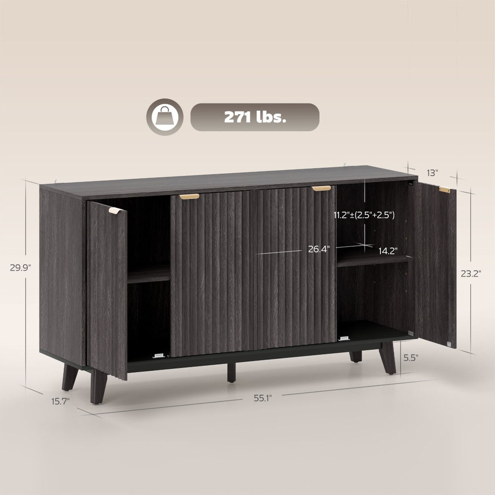 English Elm Coffee Bar Fluted Sideboard with Gold Pulls Adjustable Shelves and Tapered Wood Legs T3971P428167