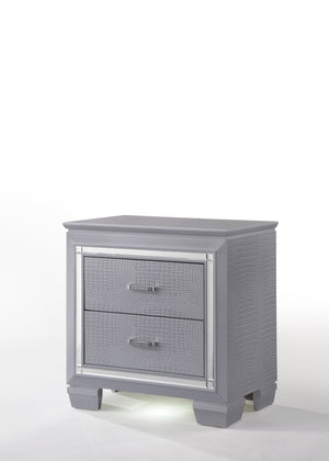 English Elm 1pc Glamorous Two-Drawer Nightstand with Beveled Mirror, Faux Crystal Hardware & Touch LED Light - Silver B2741P326187