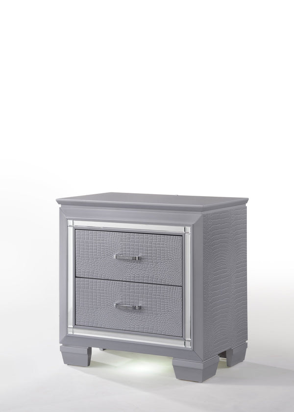 English Elm 1pc Glamorous Two-Drawer Nightstand with Beveled Mirror, Faux Crystal Hardware & Touch LED Light - Silver B2741P326187