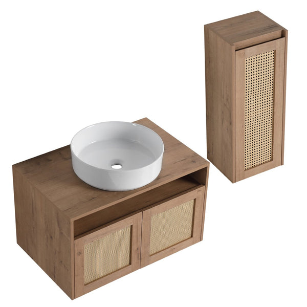 English Elm 30" Wall Mounted Bathroom Vanity Oak Finish Ceramic Art Sink Soft Close Storage W999S00495
