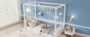 English Elm Twin Canopy Floor Bed Rubberwood Frame with Fence Guardrails for Kids Bedroom White W504P351802