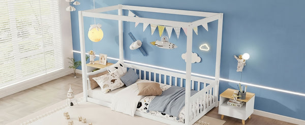 English Elm Twin Canopy Floor Bed Rubberwood Frame with Fence Guardrails for Kids Bedroom White W504P351802