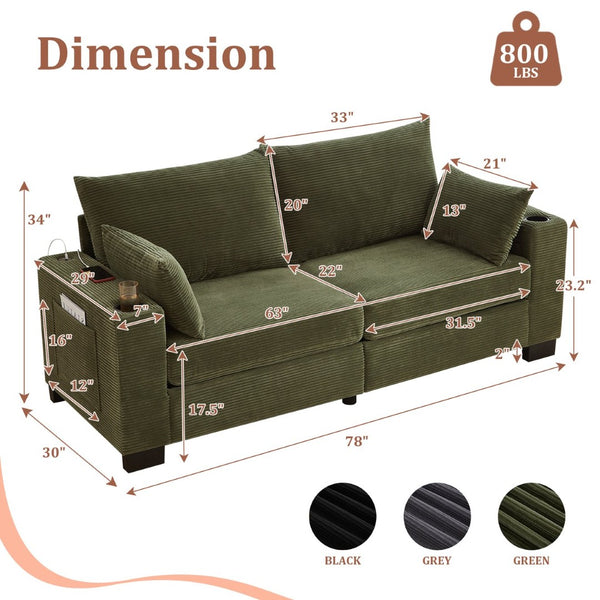 English Elm 78"corduroy Plush Three Seat Sofa with Usb Ports Cup Holders Deep Cushions Apartment Green W3705P455917