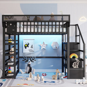 English Elm Full Metal Loft Bed with Stair Storage Rgb Lighting and Charging Station for Teens Black W2580S00074