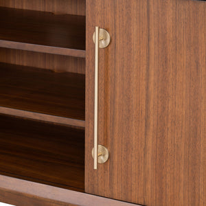 English Elm Mid-Century TV Stand with Gold-Capped Legs and Adjustable Shelves, Retro Modern 70" Media Console Walnut 73 L x 21 W x 31 H B2741P395431