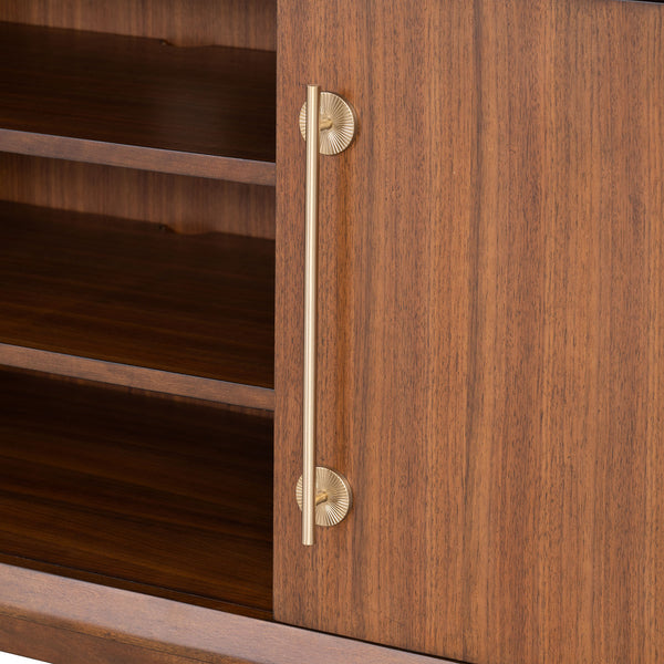 English Elm Mid-Century TV Stand with Gold-Capped Legs and Adjustable Shelves, Retro Modern 70" Media Console Walnut 73 L x 21 W x 31 H B2741P395431