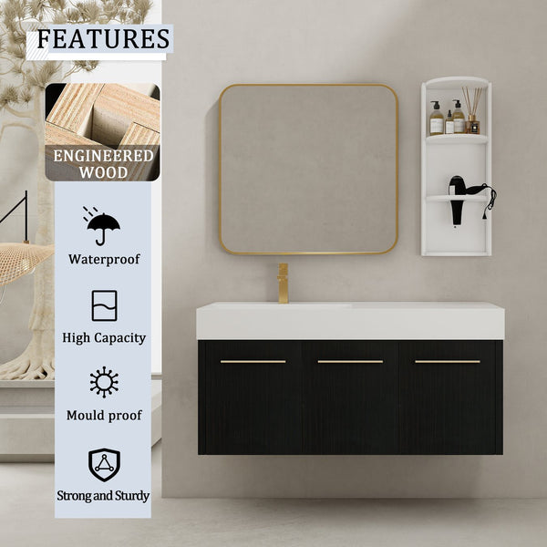 English Elm 48 Inch Wall-Mounted Bathroom Vanity Set With Left Basin Sink, Storage Rack & Soft-Close Hinges W999S00371