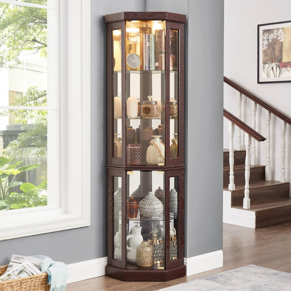 English Elm Corner Curio Cabinet Lighted Glass Display Case with Mirrored Back for Living Room W2275P194428