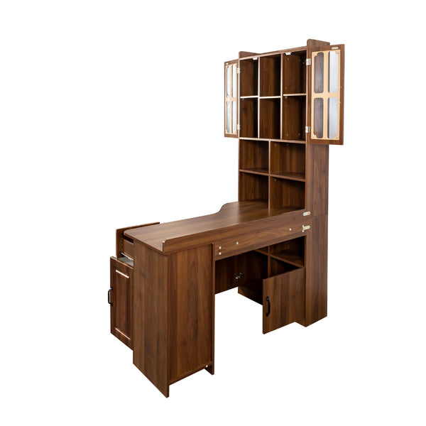 English Elm L-Shaped Corner Computer Desk with Hutch & Drawers, Space-Saving 2-in-1 Design and Ample Storage Walnut W331S00187