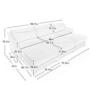 English Elm Three-Seat Sofa With 3 Movable Ottomans & Lumbar Pillow - Cozy Chenille, Ergonomic Design, Beige W714S01199-GIGA