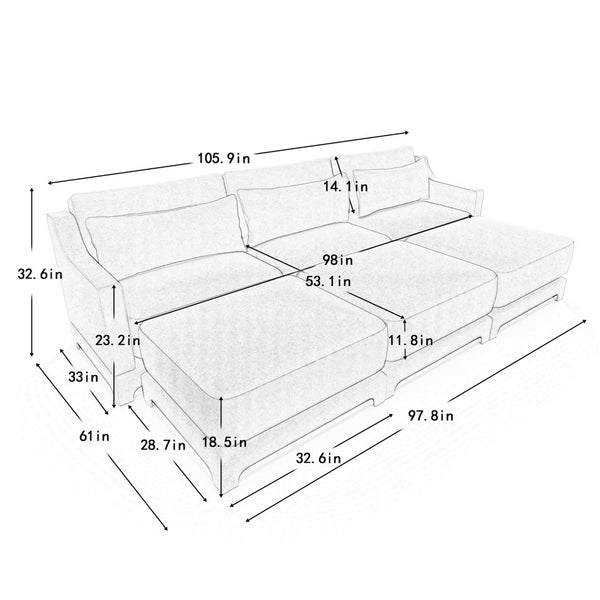 English Elm Three-Seater Sofa Set With 3 Movable Ottomans, Ergonomic Design, Chenille Fabric, Green Comfort W714S01219-GIGA