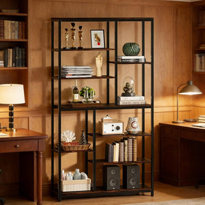 English Elm Tall Industrial Etagere Bookcase with Staggered Open Shelves for Living Room or Office T3971P449887