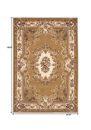 Homeroots 8' X 11' Beige Ivory Machine Woven Hand Carved Floral Medallion Indoor Area Rug  Polypropylene 349693