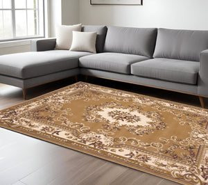 HomeRoots 8' Traditional Floral Medallion Area Rug in Brown - Timeless Elegance for Any Living Space Beige, Ivory 349693