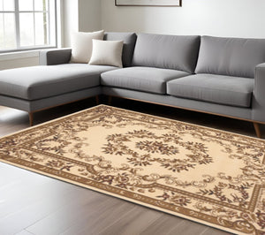 HomeRoots 8' Timeless Beige and Brown Floral Medallion Area Rug - Durable, Elegant, Perfect for High Traffic Areas 8' X 11' 349695