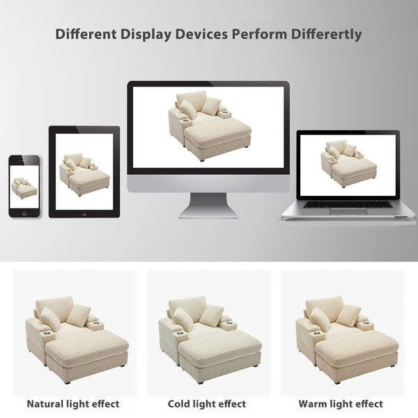 English Elm Corduroy Chaise Lounge Sofa With Movable Ottoman, Armrest Storage & Cupholders For Comfort W2120S00003-GIGA