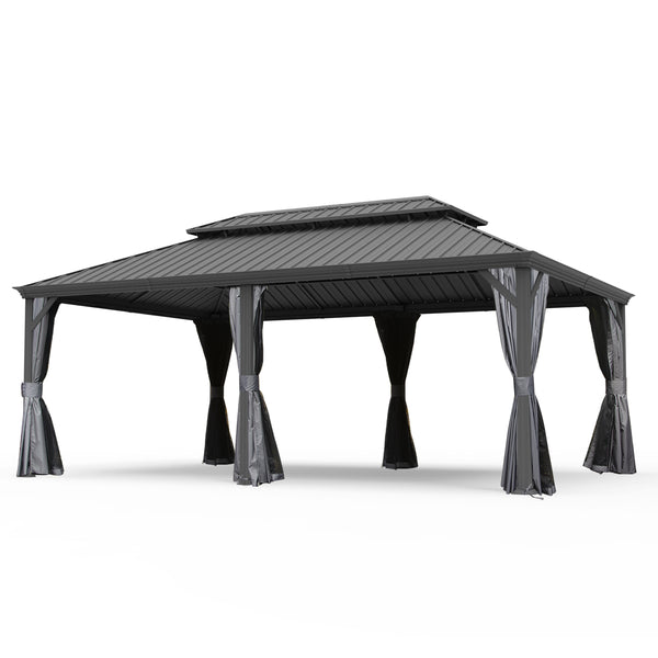 English Elm 14' X 20' Hardtop Gazebo – Stylish Metal Canopy With Drainage System, Privacy Curtains & Insect Netting W1859S00151