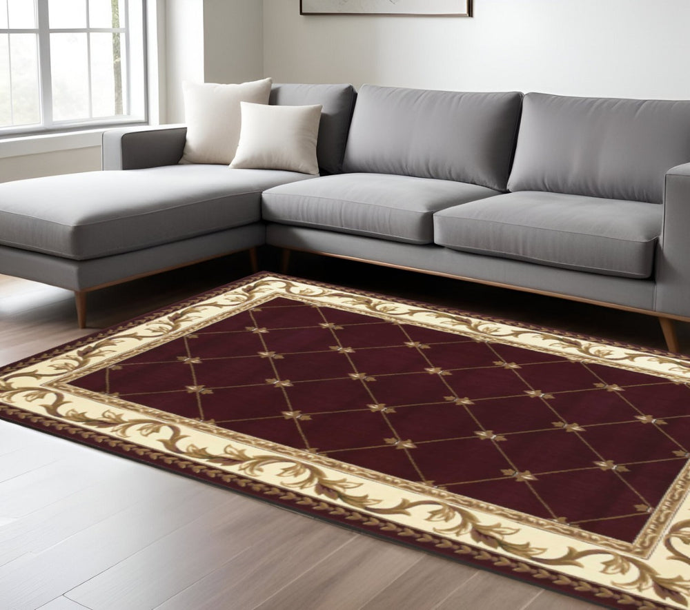 HomeRoots 7' Red and Ivory Floral Vines Area Rug – Durable, Elegant Design for Living and Dining Spaces 7' X 10' 349701
