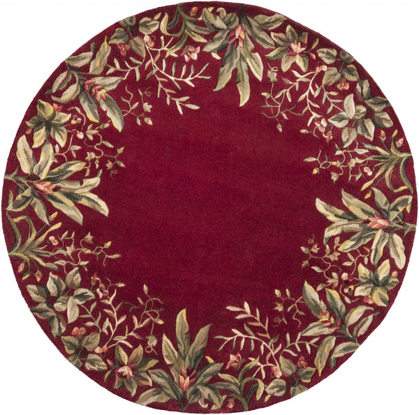 Homeroots 6' Ruby Red Round Wool Floral Handmade Area Rug  Wool 349732