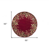 Homeroots 6' Ruby Red Round Wool Floral Handmade Area Rug  Wool 349732