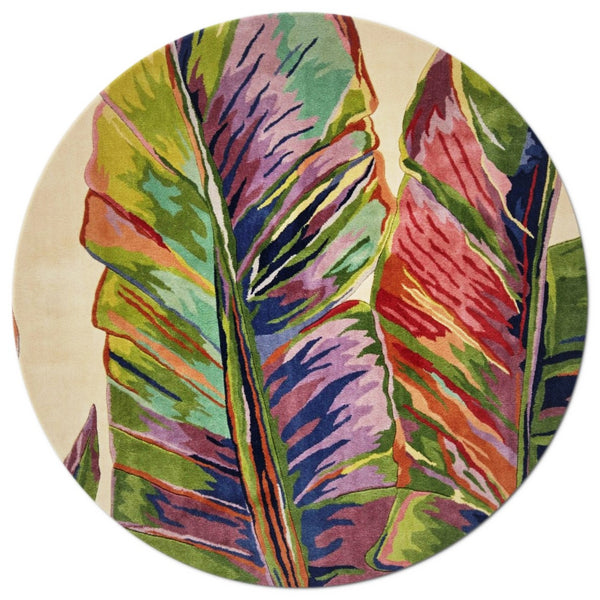 Homeroots 5' Ivory Round Wool Tropical Botanical Hand Tufted Area Rug  Wool 349744