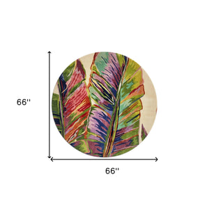 Homeroots 5' Ivory Round Wool Tropical Botanical Hand Tufted Area Rug  Wool 349744