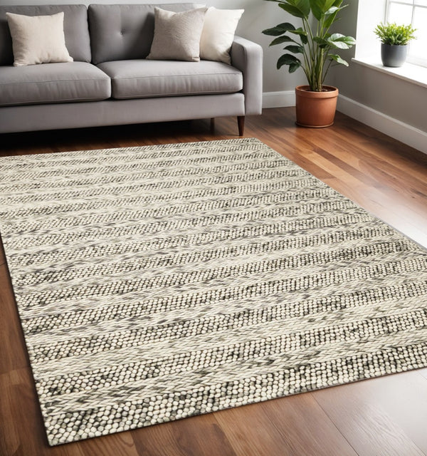 HomeRoots 5' Hand-Woven Gray and Ivory Wool Striped Area Rug for Timeless Elegance and Cozy Comfort 5' X 7' 349790