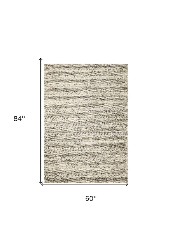 HomeRoots 5' Hand-Woven Gray and Ivory Wool Striped Area Rug for Timeless Elegance and Cozy Comfort 5' X 7' 349790