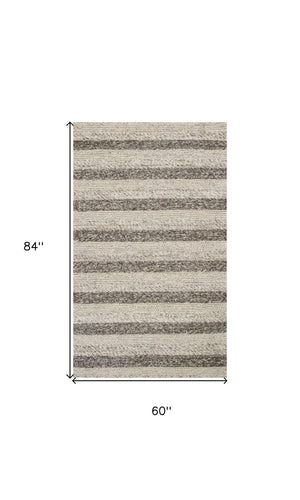 HomeRoots 5' Hand-Woven New Zealand Lambs Wool Striped Area Rug in Brown, Gray & Ivory for Luxurious Comfort 5' X 7' 349793