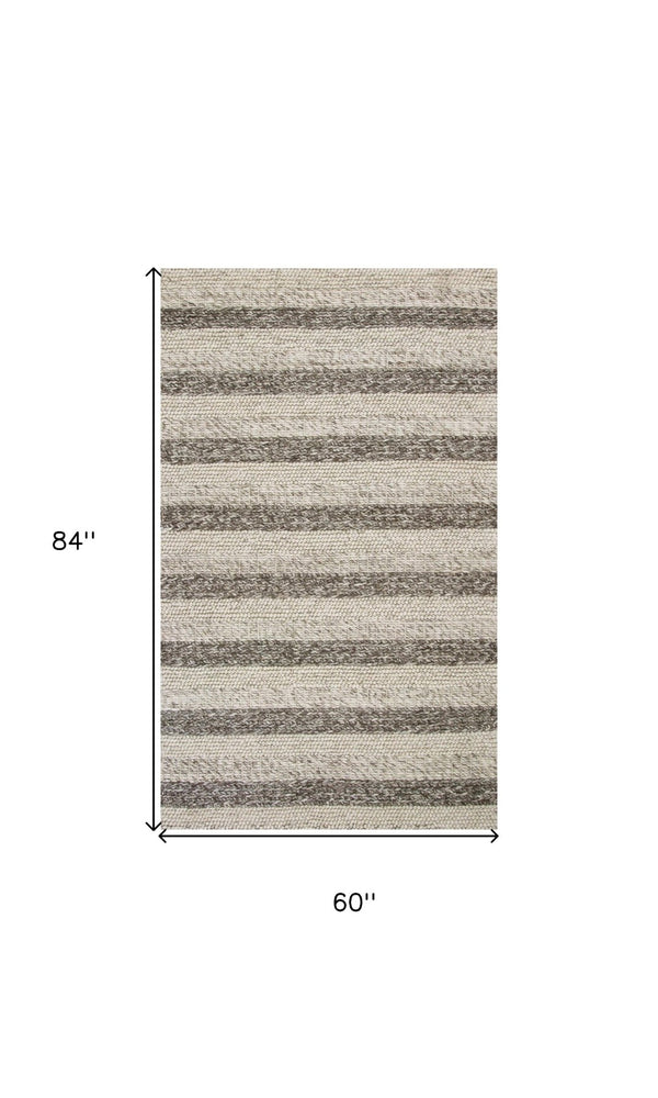 HomeRoots 5' Hand-Woven New Zealand Lambs Wool Striped Area Rug in Brown, Gray & Ivory for Luxurious Comfort 5' X 7' 349793