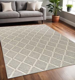 HomeRoots 5' Gray and Ivory Wool Diamond Area Rug – Hand-Woven Elegance for Timeless Home Decor and Comfort 5' X 7' 349794