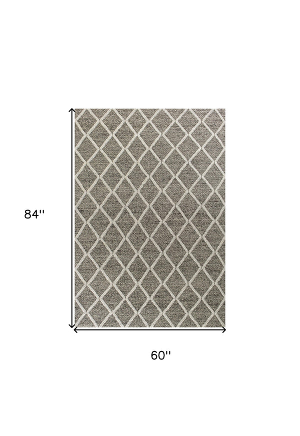 Homeroots 5' X 7' Dark Gray And Ivory Wool Diamond Hand Woven Berber Area Rug  Wool 349795