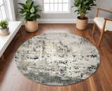 Homeroots 8' Ivory Teal Machine Woven Abstract Round Indoor Area Rug  Polyester 349801