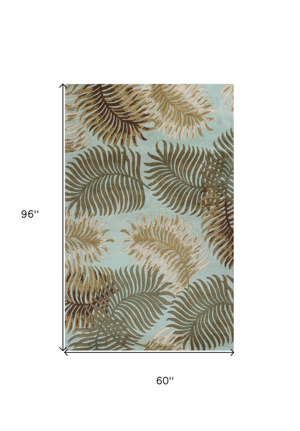 HomeRoots 5' Hand-Tufted Wool Botanical Leaves Area Rug in Aqua and Brown for Timeless, Cozy Elegance 5' X 8' 349811