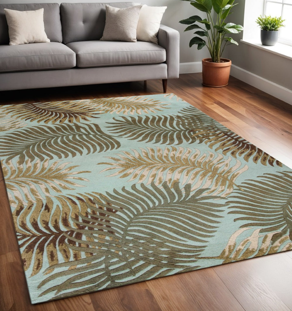 HomeRoots 5' Hand-Tufted Wool Botanical Leaves Area Rug in Aqua and Brown for Timeless, Cozy Elegance 5' X 8' 349811