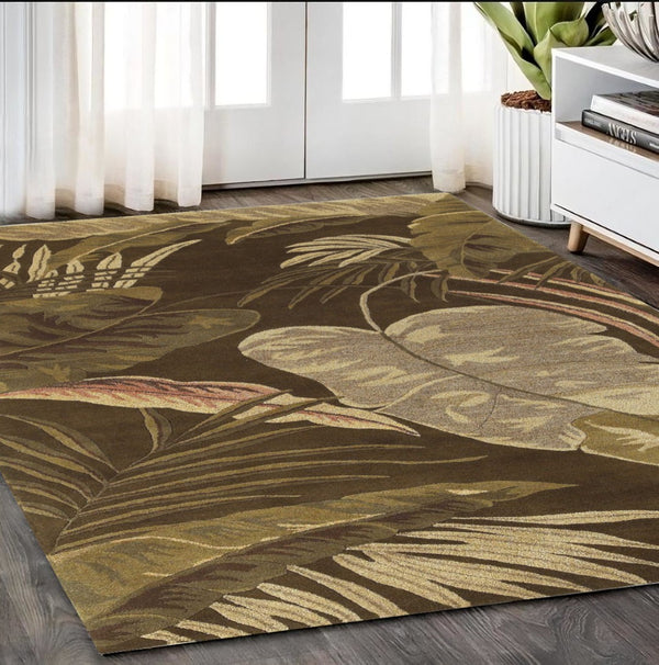 HomeRoots 5' Hand-Tufted Wool Area Rug with Brown and Beige Botanical Leaves – Artisanal Comfort for Every Room 5' X 8' 349813