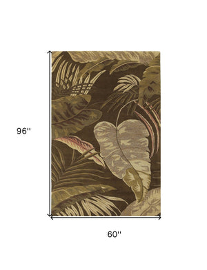HomeRoots 5' Hand-Tufted Wool Area Rug with Brown and Beige Botanical Leaves – Artisanal Comfort for Every Room 5' X 8' 349813