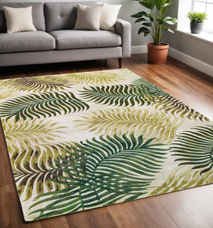 HomeRoots 5' Natural Green and Brown Wool Botanical Leaves Hand-Tufted Area Rug for Cozy Modern Spaces 5' X 8' 349816