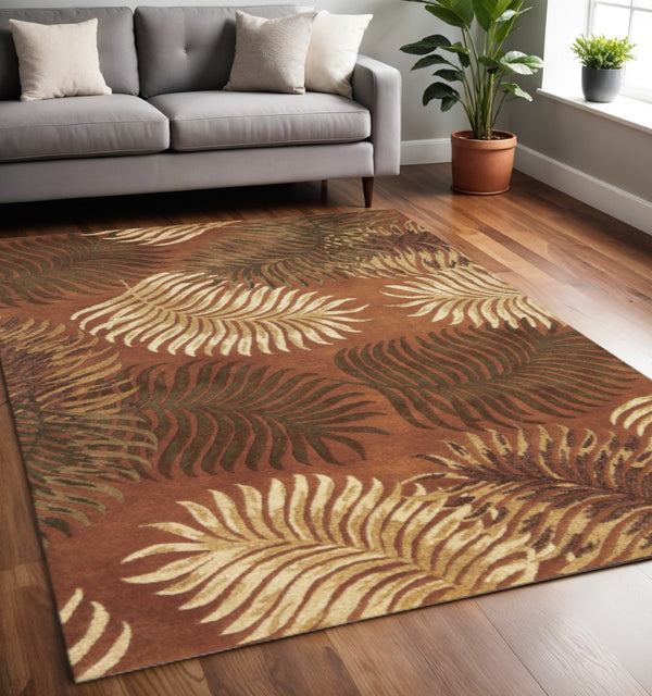 HomeRoots 5' Hand-Tufted Wool Area Rug with Rich Rust Orange & Green Leaf Motif for Botanical Elegance 5' X 8' 349817