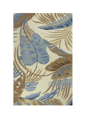 HomeRoots 5' Tropical Botanical Wool Area Rug in Ivory, Blue & Brown - Hand-Tufted Coastal Charm for Any Room 5' X 8' 349818