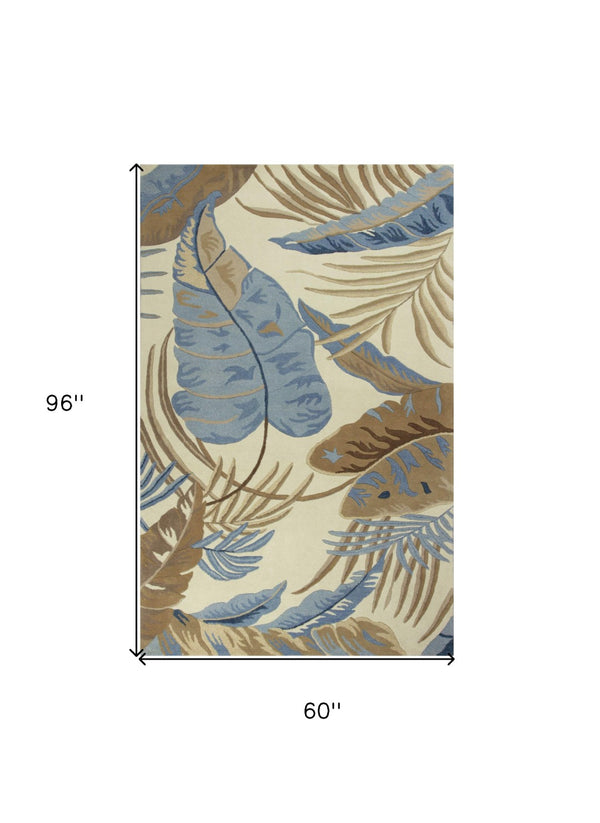 HomeRoots 5' Tropical Botanical Wool Area Rug in Ivory, Blue & Brown - Hand-Tufted Coastal Charm for Any Room 5' X 8' 349818