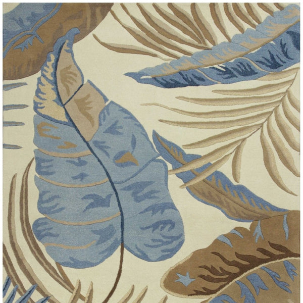HomeRoots 5' Tropical Botanical Wool Area Rug in Ivory, Blue & Brown - Hand-Tufted Coastal Charm for Any Room 5' X 8' 349818