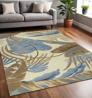 HomeRoots 5' Tropical Botanical Wool Area Rug in Ivory, Blue & Brown - Hand-Tufted Coastal Charm for Any Room 5' X 8' 349818