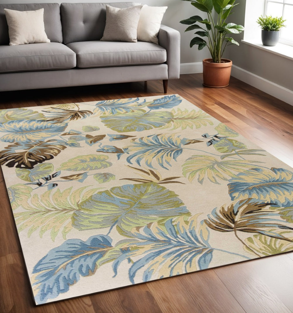 HomeRoots 5' Luxurious Hand-Tufted Wool Area Rug with Botanical Blue Leaves - Organic Elegance for Any Room 5' X 8' 349819